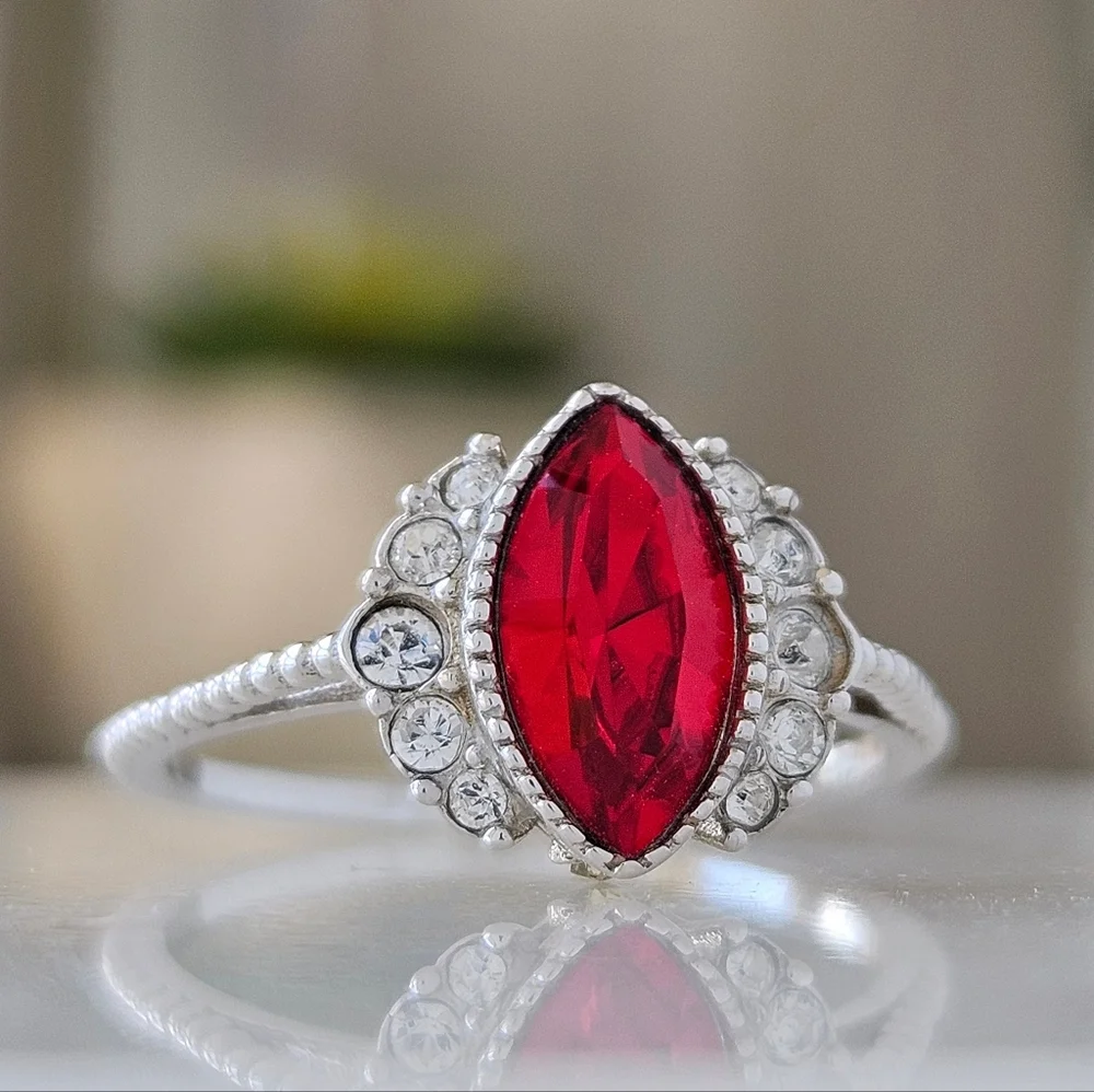 Marquise Red Swarovski Ring, 925 Sterling Silver Ruby Collection - Picture 2 of 5